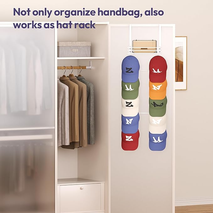 SWTYMIKI Over The Door Purse Organizer - Wall Mounted Handbag Organizer with 10 Hooks and Metal Basket, Hanging Purse Storage