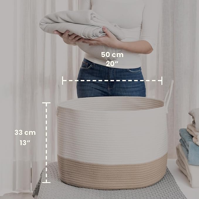 OrganiHaus Large Woven Storage Basket for Blankets and Toys 20" x 13" Inch, Rope Laundry Basket with Handles, Cushions & Pill