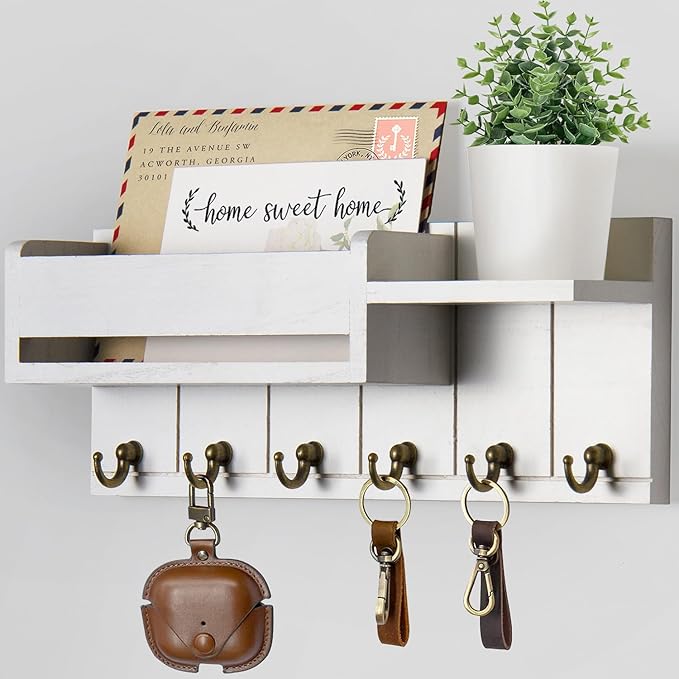 RelaxScene Key Holder Wall Mount - Key Hooks for Wall Decor Living Room - Wooden Key Hanger Rack and Mail Organizer with Shel