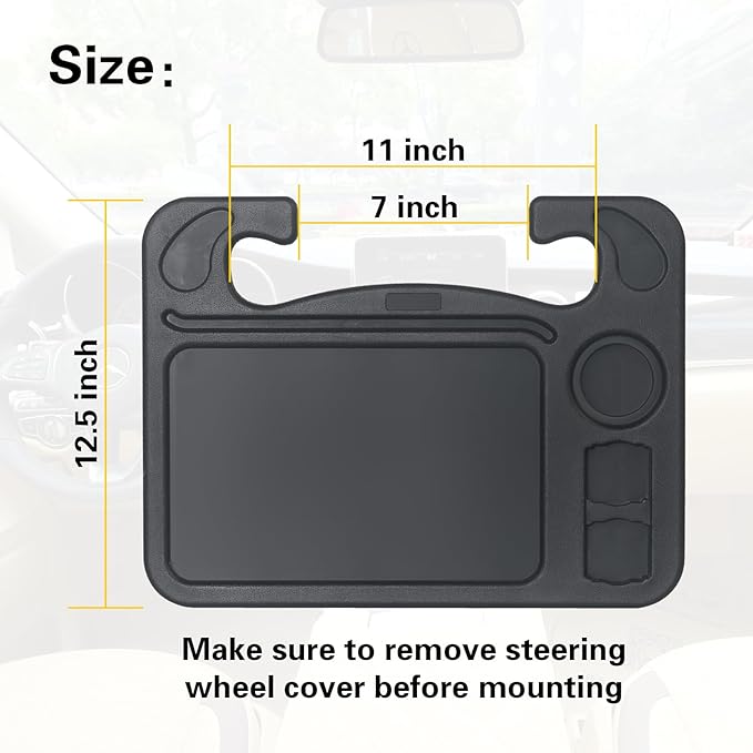 4 in 1 Car Steering Wheel Tray with Dual Sauce Dip Holder and Tablet Holder,Car Table Food Trays for Eating,Driver Desk Fit Most Auto Vehicle Steering Wheels (Black, Large)