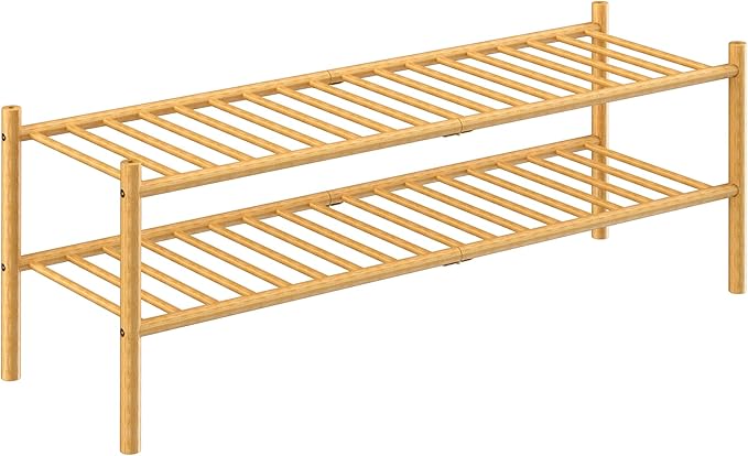 ROMGUAR CRAFT 2-Tier Bamboo Long Shoe Rack, Free Standing Wood Shoe Shelf Storage Organizer for Closet Entryway Stackable 35"