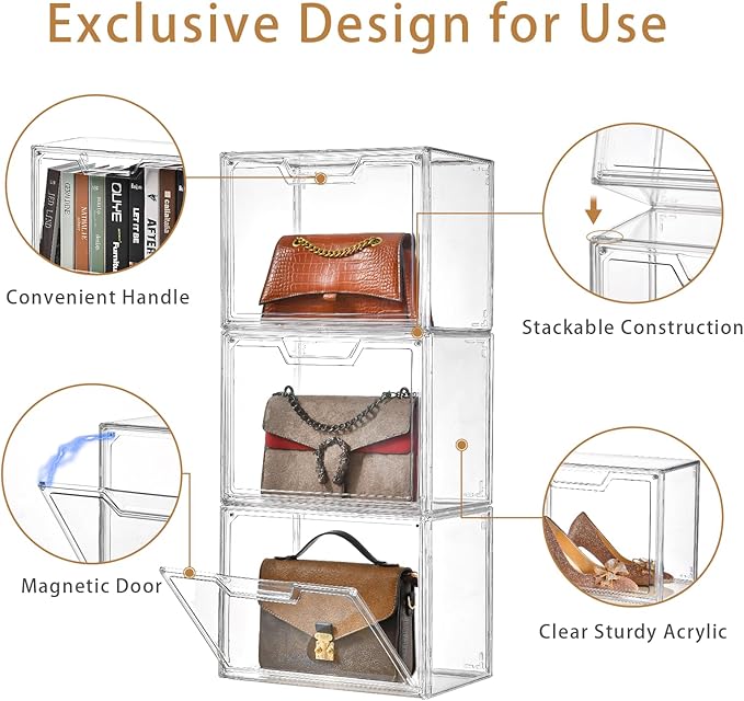 Freebat Stackable Storage Bins,Clear Acrylic Display Case, Acrylic Boxes with Lids, Stackable Storage for Handbags & Purse, M