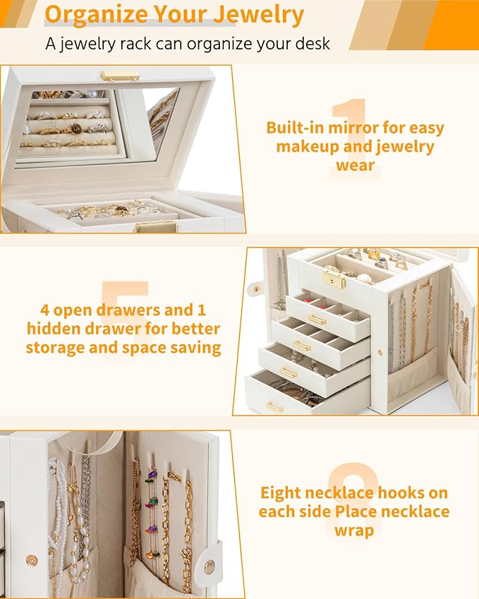 AKOZLIN 5-Tier Jewelry Box Leather Jewelry Storage Organizer with 4 Drawers Lockable for Women Girls Ring Necklace Earring Br