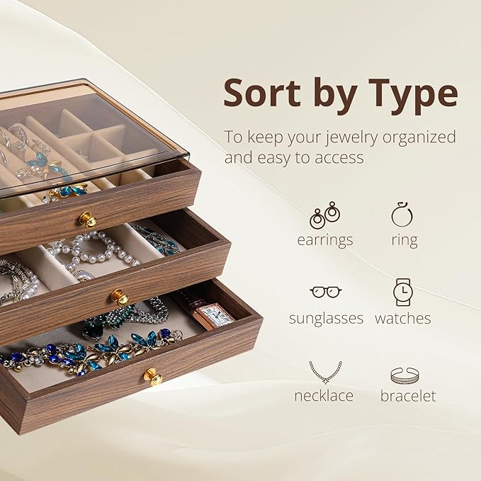 CLUQMEIK 3 Layer Acrylic Case Wooden Drawer Jewelry Organizer with Velvet Lining, Jewelry Box for Women and Girls to Store Ri