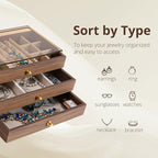 CLUQMEIK 3 Layer Acrylic Case Wooden Drawer Jewelry Organizer with Velvet Lining, Jewelry Box for Women and Girls to Store Ri