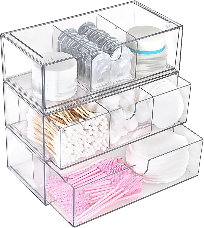 Hipiwe Acrylic Storage Drawers 3-Tier Stackable Bathroom Makeup Organizer Cotton Swabs Qtip Holder for Vanity Cosmetics Clear