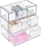 Hipiwe Acrylic Storage Drawers 3-Tier Stackable Bathroom Makeup Organizer Cotton Swabs Qtip Holder for Vanity Cosmetics Clear