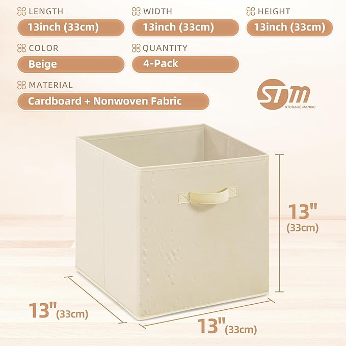 STORAGE MANIAC Storage Cubes, 13 Inch Collapsible Storage Bins with Handles, 4 Pack Fabric Foldable Bins for Organization, Du