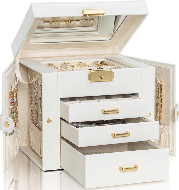 AKOZLIN 4-Tier Jewelry Box Leather Jewelry Storage Organizer with 3 Drawers Lockable for Women Girls Ring Necklace Earring Br