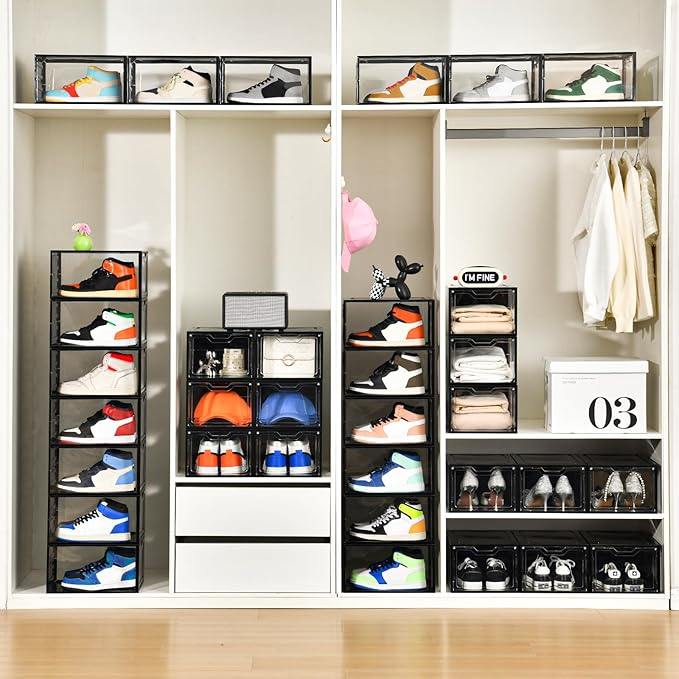 Stebopum 12 Pack Stackable Shoe Storage Organizer with Magnetic Door, Shoe Boxes Clear Black Plastic for Closet, Shoe Rack fo