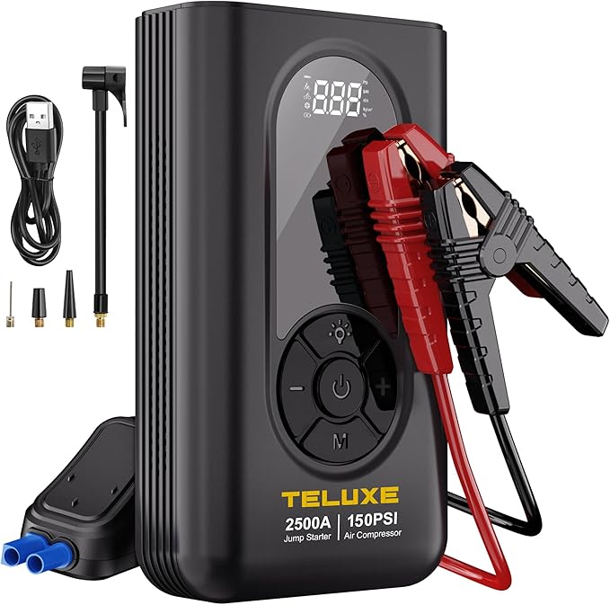 TELUXE Jump Starter with Air Compressor, 2500A 150PSI Car Battery Jump Starter with Digital Tire Inflator, 12V Lithium