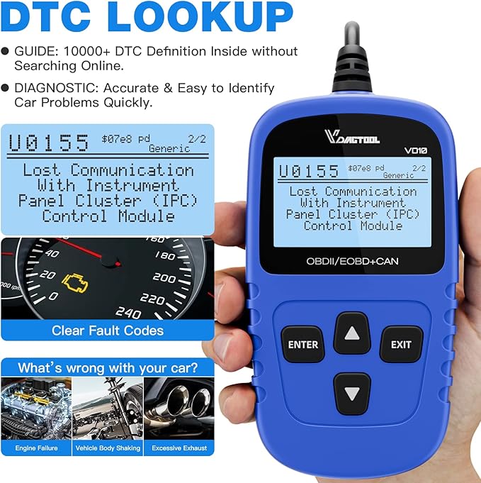 VDIAGTOOL VD10 OBD2 Scanner Code Reader Car Diagnostic Tool Engine Fault Code Reader for Turn Off CEL with Freeze Frame/I/M