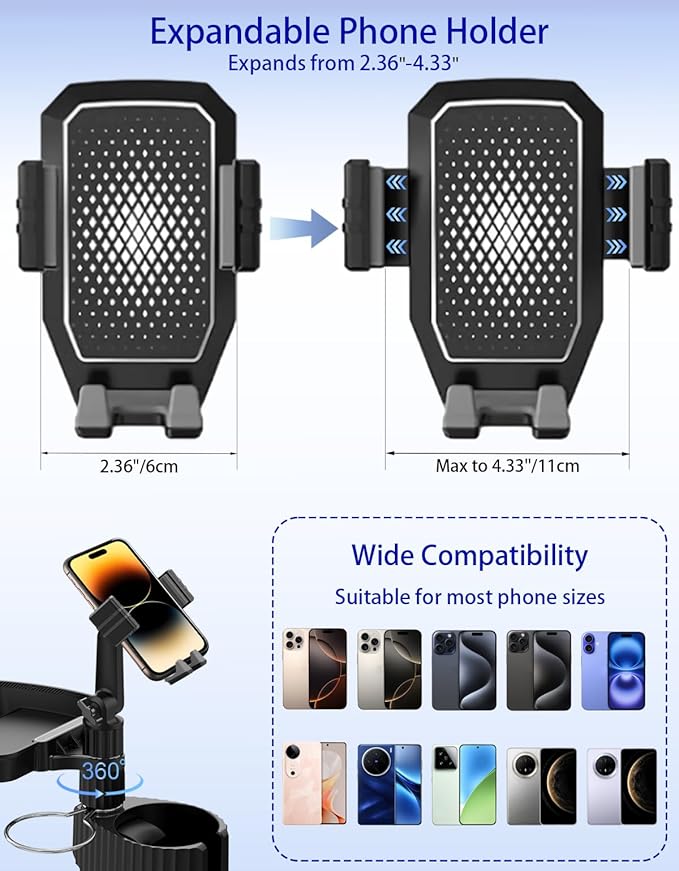 Car Cup Holder Tray - 4 in 1 Car Cup Holder Expander with Metal Cupholder, Adjustable Food Tray and Phone Mount for All Purpo