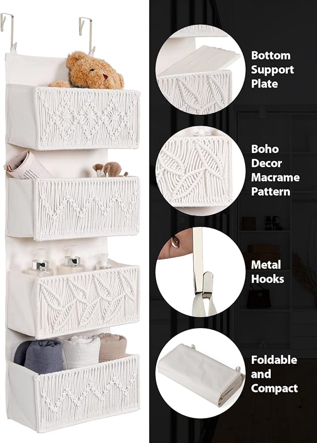 Macrame Over the Door Organizer Boho Decor Nursery Storage, Leaf Weaving Closet Organizers and Storage，with 4 Hanging Pockets