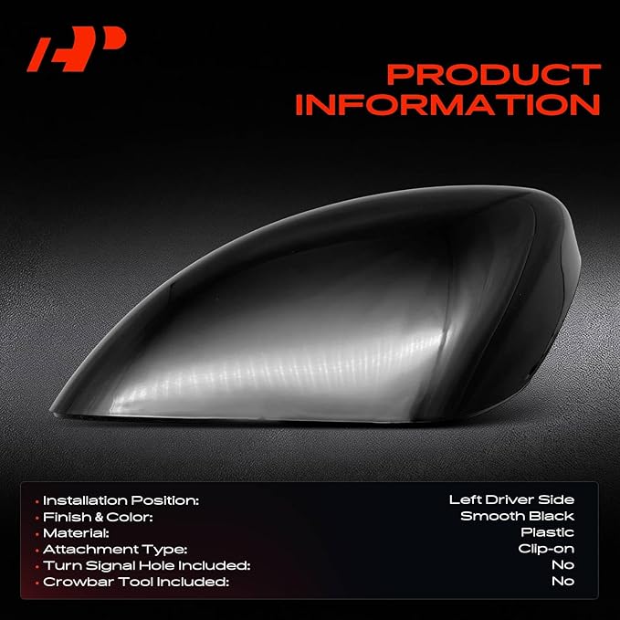 A-Premium Driver Side Rearview Mirror Cover Cap - Compatible with Nissan Altima 2013-2018 - Smooth Black, Without Turn Signal Hole