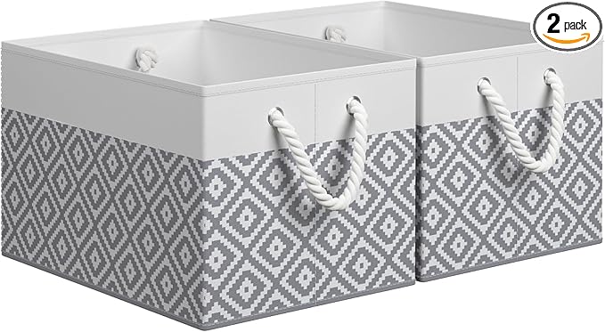 StorageTastic Storage Bins, 2-Pack Large Storage Box with Rope Handles, Collapsible Storage Basket for Organizing Books, Clot
