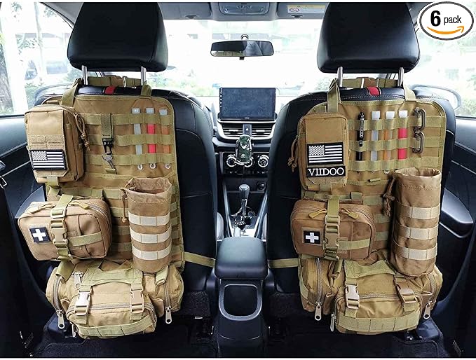Molle Tactical Seat Back Organizer Panel with Pouches, Universal Fit For Vehicle Car, Khaki