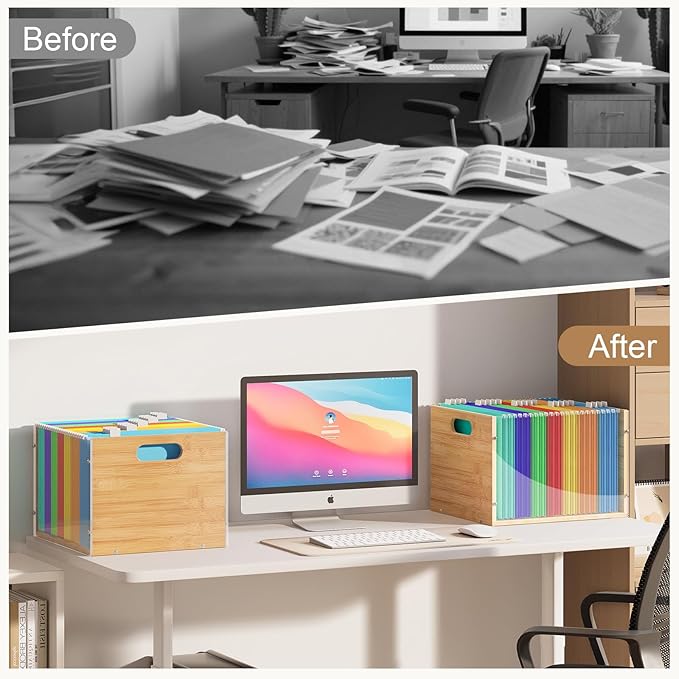 Sbanmao 3 Pack Hanging File Organizer, Clear Acrylic File Box Organizer, Bamboo Filing Box File Crate Organizer Storage Boxes