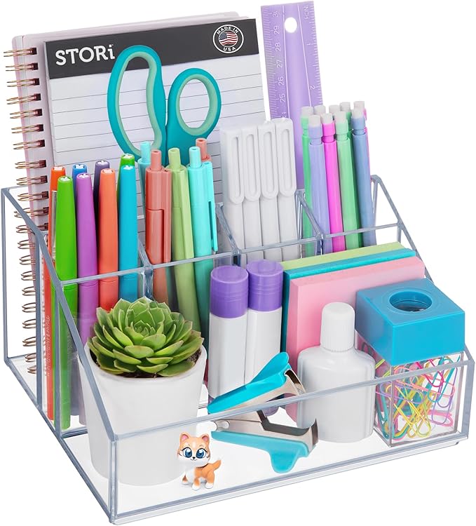STORi Chloe Clear Plastic Stackable Desk Organizer, Rectangular 6-Compartment Office Supply Holder for Pens, Markers & Notepa