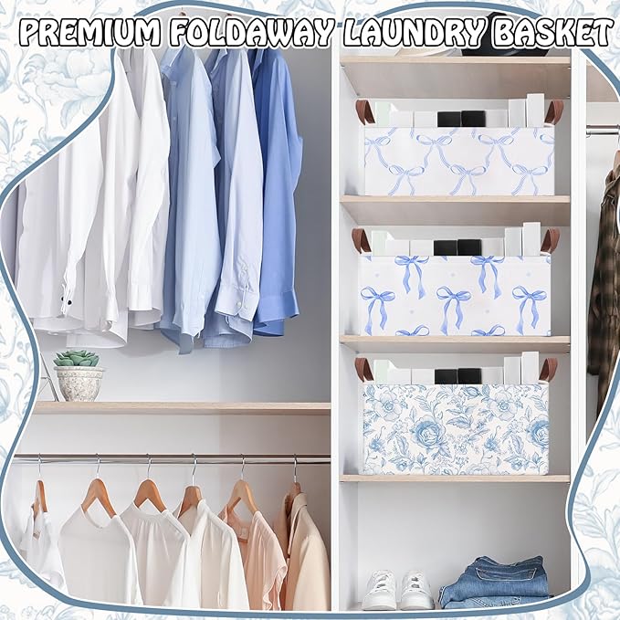 Boao 3 Pcs Blue Bow Storage Bin Collapsible Large Storage Baskets for Gifts Empty Candy Holiday Decor Canvas Laundry Basket F