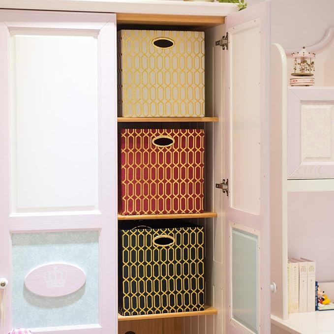 Posprica Storage Bins, Storage Cubes,13×13 Fabric Drawers Organizer Basket Boxes Containers (13×13×13/2pcs, Cream/gold geomet