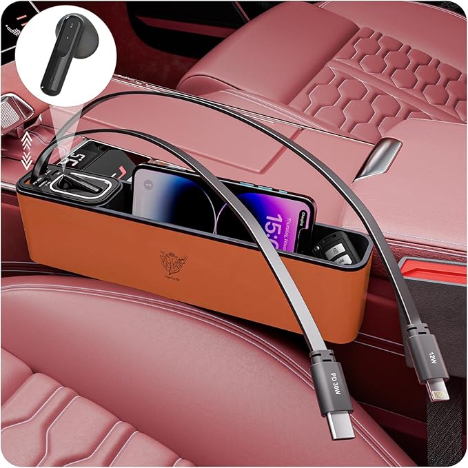 Car Seat Gap Filler Organizer with 69W Retractable Car Charger & Bluetooth Earpiece for Driving Calls, Car Accessories with Trucker Headset, Fits Sedans, SUVs, Pickup Trucks & Crossovers