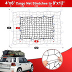 4’x6’ Truck Cargo Net Expands to 8' x 12' with 4"x4" Mesh Grid Super Duty Bungee Heavy Duty Bed Netting for Truck Bed Stretches with 12 Adjustable Metal Carabiners by Cenipar