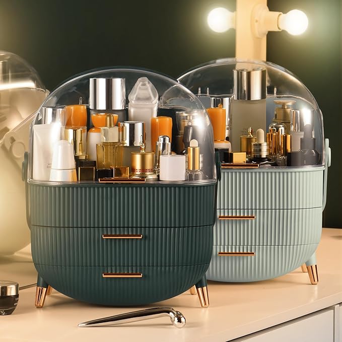 CANITORON Makeup Organizer with 2 Drawers and Brush Storage Box, Cosmetic Display Case for Vanity and Bathroom Countertop Sto