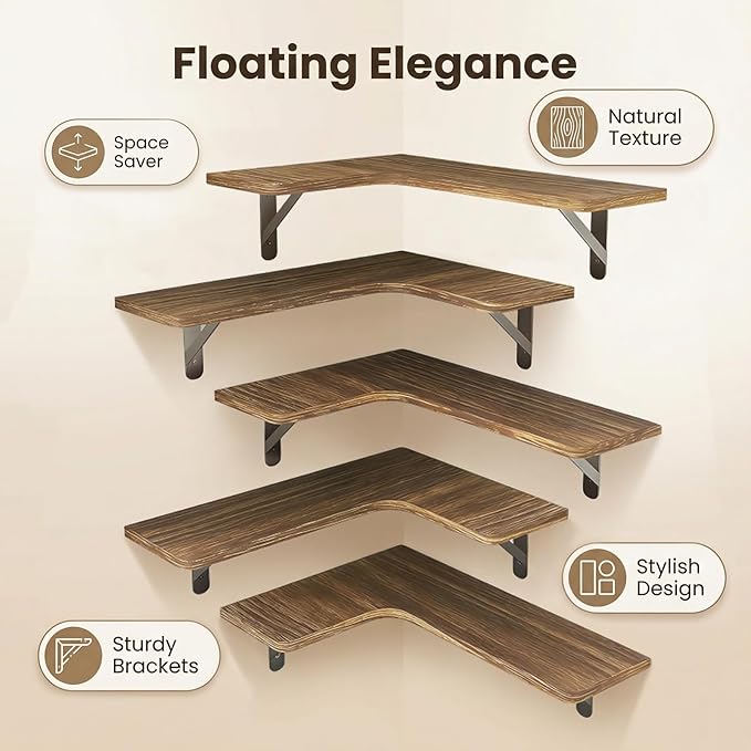 Corner Floating Shelves Wall Mounted Set of 5, Rustic Wood Corner Shelves for Bedroom Living Room Bathroom Kitchen Storage an