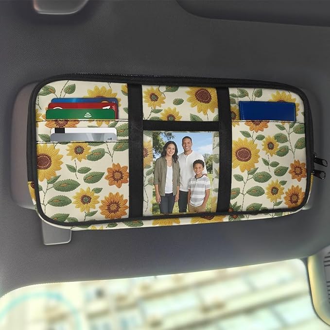 Car Sun Visor Organizer,Sunflower Theme Multi-Pocket Visor Organizer Storage Pouch with Double Zippers Document Holder for Insurance, Pen, Chapstick