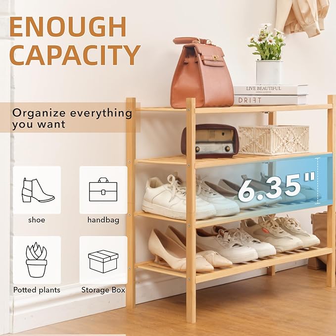 4 Tier Bamboo Shoe Rack Storage Organizer for Closet, Multifunctional Stackable Free Standing Shoe Shelf Organizer for Small 