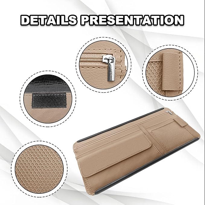 Car Sun Visor Storage Bag, Soft Leather Surface Organizer, Scratch-Resistant Auto Sunshade Organizer Bag, Can Store ID Card, Eyeglasses, Pen, Driving License etc (Beige)