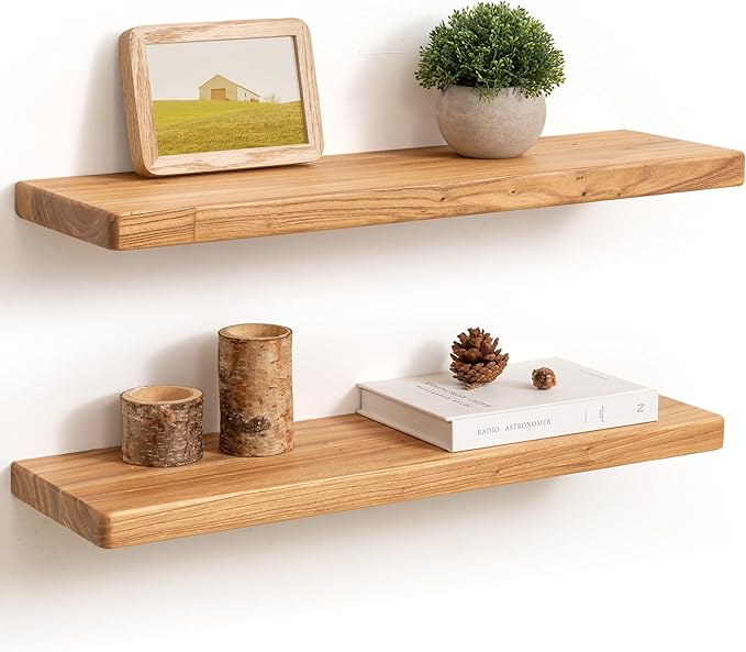 Fun Memories 24 Inch Floating Shelves, Solid Elm Wood Wall Shelf for Home Decor, Rustic Bathroom Shelves Set of 2, Heavy-Duty