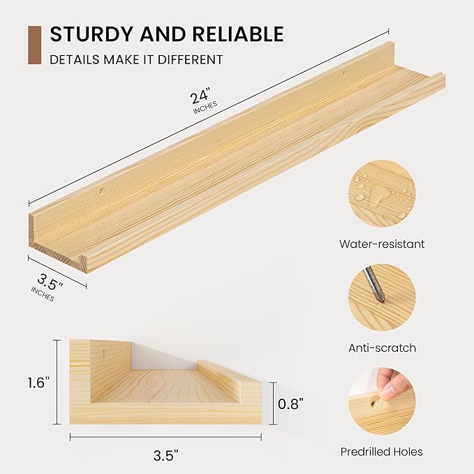 Picture Ledge Shelf, Solid Pine Wood Floating Shelves Set of 2, 24 Inches Nursery Book Shelves for Toys Storage, Kids Bookshe