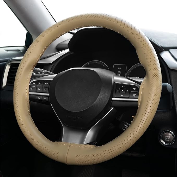 AUTOXBERT 38cm/15 Inch Genuine Leather DIY Steering Wheel Cover Soft Hand Sewing On Wrap Cover with Needles Thread fit for VW