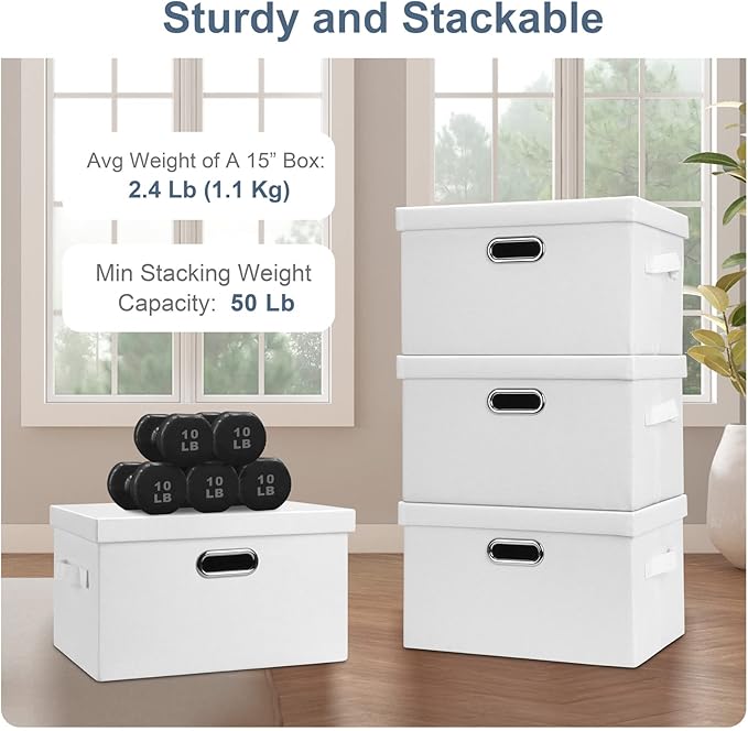 Graciadeco Medium 15" 21 Quart Collapsible Stackable Storage Bins with Lids, 3 Packs White Foldable Fabric Closet Boxes Heavy