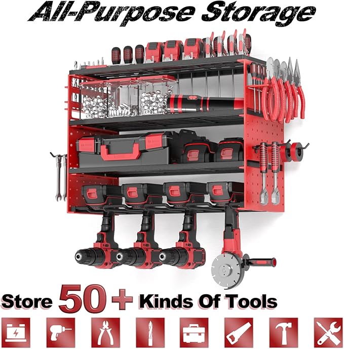 Power Tool Organizer Wall Mount, Cordless Drill Hanger Storage Rack 8 Drill Holder, 4 Layer Heavy Metal Large Capacity Tool R