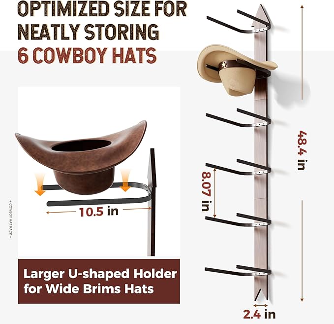 Cowboy Hat Rack for Wall, Cowboy Hat Holder Wall Mount Holds up to 6 Hats, Wooden Western Rustic Metal Hat-Organizer with Arr