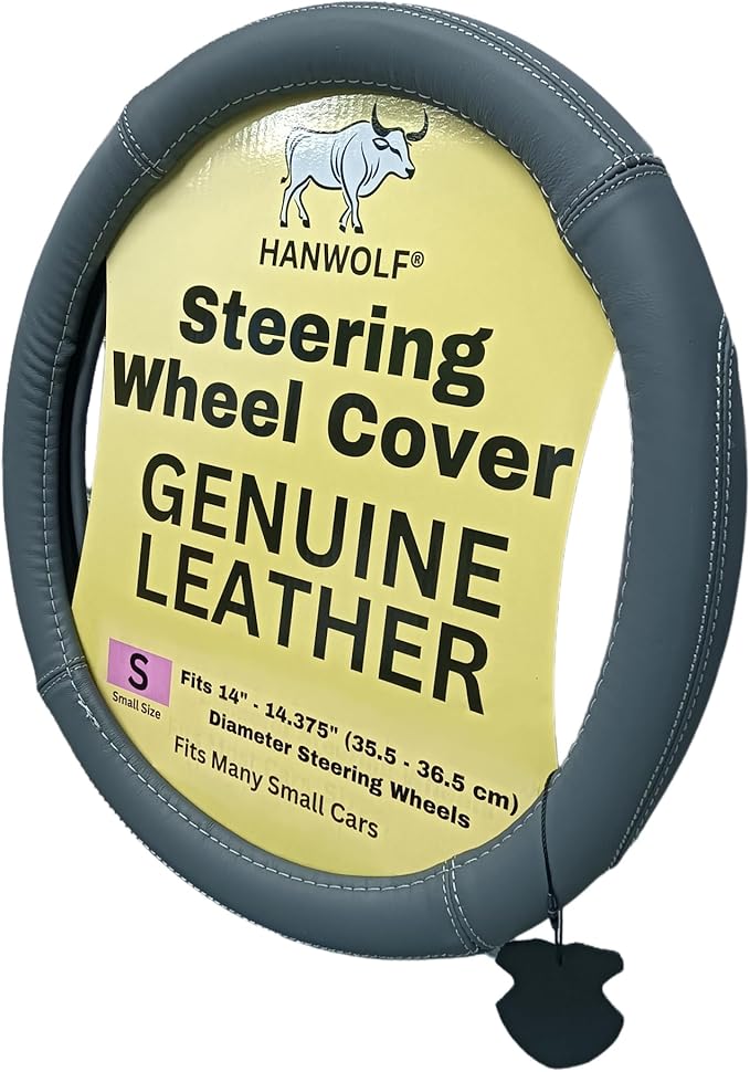 Steering Wheel Cover, Gray, Real Genuine Leather, Small, 14 inch, for Men and Women, Universal, Stretch On, Heat Resistant, Stays Cool, Non-Slip, HANWOLF