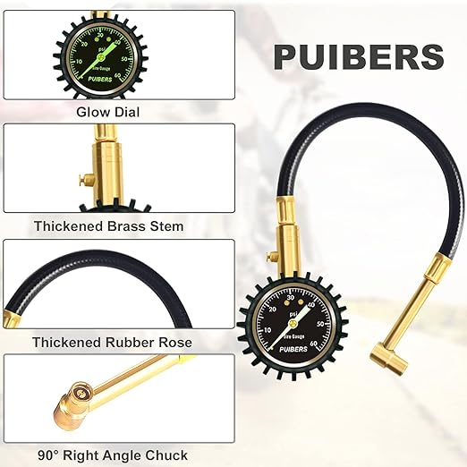 Motorcycle Tire Pressure Gauge 60 PSI, PUIBERS 2’’ dial Mechanical Tire Gauges with 90 Degree Right Angle Chuck Flexible Hose, Tires Guages for Pressure Glow in The Dark for Cars, Motos, Bicycles