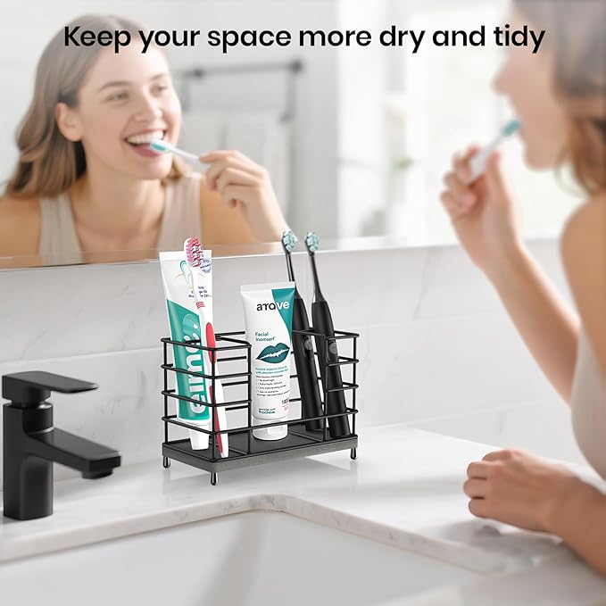 Toothbrush Holder with Quick Drying Mat—Toothbrush and Toothpaste Holders for Bathrooms—5 Slots Openwork Design Black Toothbr