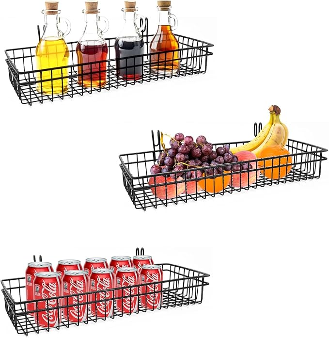 ANZOME 2 Pcs Metal Grid Wall Baskets with Hooks - Black Hanging Wire Basket Grid Wall Shelves - Multi Function Storage Organi