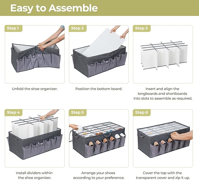 Shoe Organizer for Closet, Shoe Storage Solution with Clear Cover & Adjustable Dividers, Fabric Shoe Box Fits 16 +12 Pairs Sh