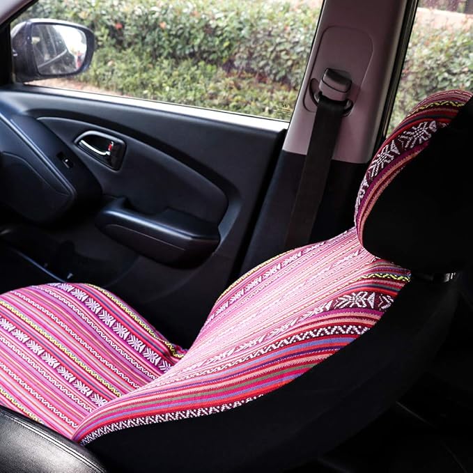 Pink Car Seat Cover Hippie Boho 4PCS Cute Western Accesories for Women Girls' GIF, Automotive Interior Covers Stripe Multi-Co