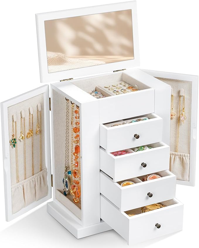 Emfogo Jewelry Box for Women, 5 Layer Large Wood Jewelry Boxes & Organizers for Necklaces Earrings Rings Bracelets, Rustic Je