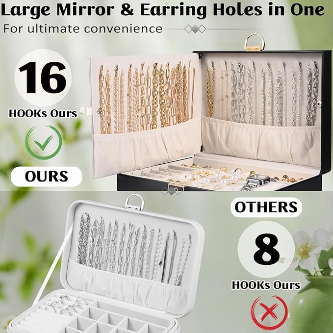 3 Layer Jewelry Boxes for Women with Mirror Large Jewelry Holder Organizer with 2 Jewelry Organizer Drawer PU Lockable Elegan