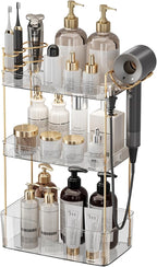 Bathroom Counter Organizer Countertop, 3 Tier Makeup Perfume Storage with Hair Dryer Rack and Toothbrush Holder, Cosmetic Tra