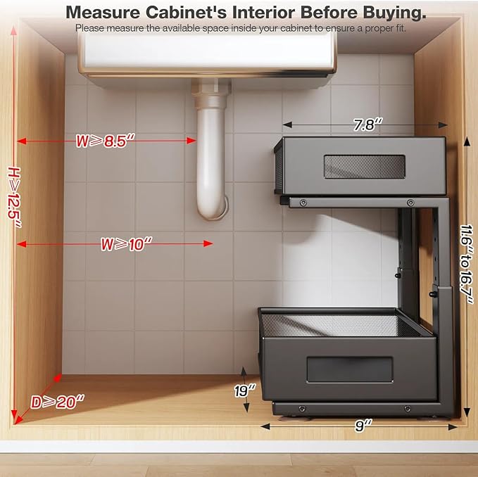 2 Packs 19IN Depth Under Sink Organizer, 2-Tier Pull Out Cabinet Organizer With Smooth Circular Rail, Large Capacity Metal Me