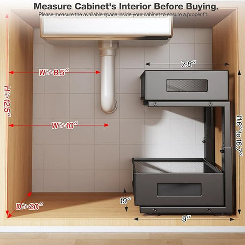 1 Pack 19IN Depth Under Sink Organizer, 2-Tier Pull Out Cabinet Organizer With Smooth Circular Rail, Large Capacity Metal Mes