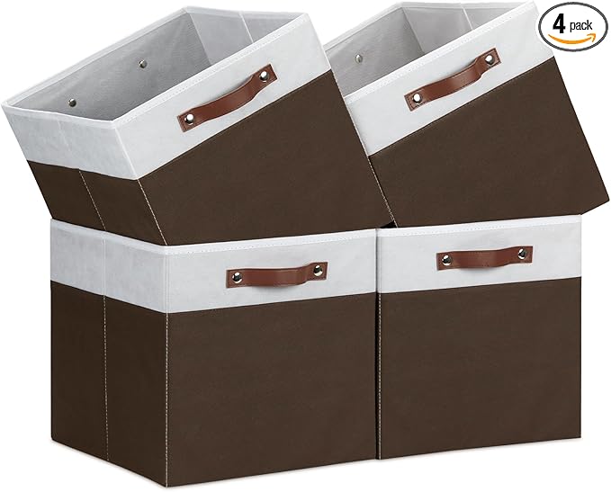 Temary Foldable Cube Baskets 4Pack - Shelf Storage Bins with Handles, Fabric Storage Organizer for Clothes, Home (White&Brown